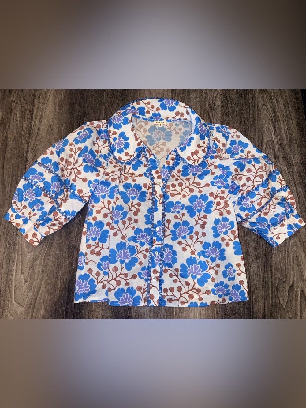 JODIFL Peter Pan collar Blue Brown Floral Puff Sleeves Blouse Sample NWOT Small